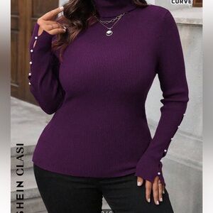 Purple Turtleneck Sweater with Pearl Detail